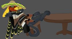  anatid anseriform avian belt bird chair clothing cowboy crossed_legs duck felid feline feral furniture gryphon gun handgun hasbro hat headgear headwear hi_res leaning leaning_backward male mammal my_little_pony mythological_avian mythological_creature mythology paws pistol poncho ranged_weapon simple_background smile smirk solo sombrero table tail villegreen weapon wings 
