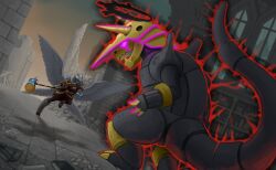  absurd_res aggron armor baphomet_(deity) bovid caprine caprine_demon darkcat613 darkest_dungeon deity demon duo female folionne generation_3_pokemon goat goat_demon hi_res horn male mammal nintendo pokemon pokemon_(species) reptile ruin scalie sheep weapon wings 