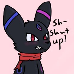  1:1 alternate_color angry anthro arm_markings bared_teeth black_body black_fur blush eeveelution female female_(lore) fur generation_2_pokemon hi_res light_blush markings monotone_background moon_roiko nintendo pokemon pokemon_(species) red_eyes red_scarf sakairaito scarf simple_background solo teeth text umbreon 
