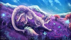  arm_tuft blue_claws blue_horn claws cloud elbow_tuft faeryn_(faerynkin) female feral flower foot_tuft forest fur grass hi_res hollyvardia horn mane plant solo tree tuft white_body white_fur 