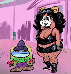  alternative_fashion amphibian anthro backpack beanie belly black_boots black_bottomwear black_choker black_clothing black_eyes black_footwear black_hair black_jewelry black_necklace black_shirt black_skirt black_tank_top black_topwear blue_body boker boots bottomwear bovid bra brown_body brown_clothing brown_footwear brown_fur brown_shoes caprine choker clothing curly_hair duo female fishnet_clothing fishnet_legwear floppy_ears footwear frog full-length_portrait fur goat goth green_clothing green_shirt green_topwear hair hat headgear headwear horn jewelry larger_female legwear lilith_(boker) long_hair looking_at_viewer male male/female mammal midriff miniskirt navel necklace portrait purple_bottomwear purple_clothing purple_hat purple_headwear purple_shorts red_bra red_clothing red_eyes red_hands red_underwear shirt shoes shorts size_difference skirt smaller_male tank_top topwear tree_frog underwear zorn_(boker) 
