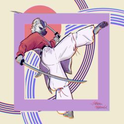  1:1 2026 abstract_background anmuhunid anthro arknights barefoot bottomwear clothing ear_piercing eyebrow_piercing facial_piercing feet fur grey_body grey_fur hair hi_res holding_melee_weapon holding_object holding_weapon hyena hypergryph katana looking_at_viewer male mammal melee_weapon pawpads piercing pose smile solo spot_(arknights) spotted_hyena studio_montagne sword tail topwear weapon 