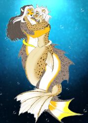  ajna anthro_merfolk aquatic brown_eyes cael_(ajna) cheetah felid feline fur grey_body grey_fur grey_hair hair hi_res hug hybrid long_hair loving_gaze male male/male mammal merfolk pantherine snow_leopard split_form spots tan_body tan_fur underwater_scenery white_body white_fur white_hair yellow_body yellow_fur 