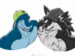  4:3 anthro black_body black_fur blue_body blue_eyes blue_scales canid canine canis clothing cobalt_(rtzero) countershade_face countershade_torso countershading duo fur grey_body grey_fur griff_(rtzero) hat headgear headwear hi_res lizard looking_at_viewer male mammal muscular muscular_male open_mouth prismanoodle reptile scales scalie simple_background smile wolf 
