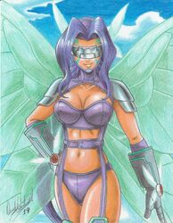  1girls 2019 4_wings bare_midriff breasts cleavage clothed covered_eyes digimon digimon_frontier fairimon fairy fairy_wings fairymon female female_only hand_on_hip insect_wings kazemon long_hair navel pencil_(artwork) purple_hair ravern_clouk revealing_clothes smile solo solo_female tagme thighs visor wings 