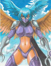  1girls 2019 4_wings armor armored_gloves bare_midriff bare_thighs bird_wings blue_eyes blue_hair blue_wings brown_wings clothed covered_mouth digimon digimon_frontier face_mask feathered_wings female female_only gauntlets head_wings image large_breasts looking_at_viewer mask masked multi_wing navel orange_wings pencil_(artwork) purple_face_mask purple_mask ravern_clouk revealing_clothes shutumon solo solo_female tagme thick_thighs thighs wings zephyrmon 