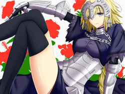  akashiro_sen black_thighhighs blonde_hair braid commentary_request dress fate/apocrypha fate_(series) female gauntlets headpiece jeanne_d&#039;arc_(fate) jeanne_d&#039;arc_(ruler)_(fate) legs long_hair single_braid solo thighhighs 