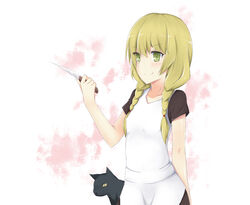  animal blonde_hair blush braid collarbone commentary_request eyes_visible_through_hair feline female green_eyes groin hair_over_shoulder holding knife long_hair majo_no_ie nana_ss_(sekirei107) photoshop_(medium) smile solo twin_braids viola_(majo_no_ie) 