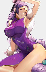  alternate_costume armpits bare_shoulders breasts china_dress chinese_clothes chinese_commentary closed_mouth commentary covered_navel curvy dress fate/grand_order fate_(series) female folded_fan folding_fan fur_scarf gloves hand_fan highres holding holding_fan large_breasts long_hair low-tied_long_hair minamoto_no_raikou_(fate) minamoto_no_raikou_(traveling_outfit)_(fate) parted_bangs pelvic_curtain purple_dress purple_eyes purple_hair side_slit sitting sleeveless smile solo thighs very_long_hair vic_(vedream) 