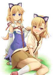  2girls animal_ears arm_support blonde_hair blue_eyes blush brown_eyes cat_ears collarbone commentary_request detached_sleeves dress fake_animal_ears hair_ornament hair_ribbon hairband hairclip ibushigin long_hair mist_(rune_factory) multiple_girls parted_lips paw_pose ponytail ribbon rosetta rune_factory rune_factory_1 rune_factory_frontier sandals shoes skirt smile socks sweatdrop 