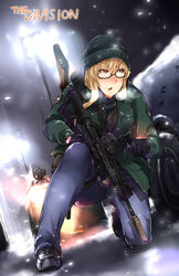  assault_rifle ayyh blonde_hair breath bullet_hole car checking_watch commentary_request copyright_name eotech female firing foregrip glasses gloves green_jacket gun h&amp;k_hk416 heckler_&amp;_koch highres holster jacket knee_pads motor_vehicle on_one_knee open_mouth red_eyes rifle snow snowing solo suppressor thigh_holster tom_clancy&#039;s_the_division turret watch weapon winter 