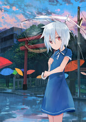  blue_dress blue_umbrella building closed_mouth cloud cloudy_sky collared_dress commentary day dress dutch_angle eyes_visible_through_hair female fence grass green_umbrella hair_between_eyes head_tilt highres holding holding_umbrella inami_hatoko japanese_clothes lamppost looking_at_viewer oil-paper_umbrella orange_umbrella original outdoors pink_umbrella rain red_umbrella road rope shimenawa shirakami_musubu_(inami_hatoko) short_hair short_sleeves sky solo_focus standing torii transparent transparent_umbrella tree umbrella utility_pole white_hair wing_collar yellow_umbrella 