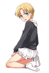  1boy aoto_gonzales_takuma aqua_eyes bad_id bad_pixiv_id blonde_hair bloomers blush crossdressing full_body ginga_e_kickoff!! hood hood_down hoodie male_focus simple_background socks solo sweat underwear white_background white_socks yoshi_susuki 