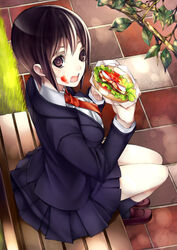  bench blazer branch breasts brown_eyes brown_hair burger commentary_request falseele female food food_on_face grass highres jacket large_breasts loafers looking_at_viewer necktie original school_uniform shoes short_hair sitting skirt socks solo 