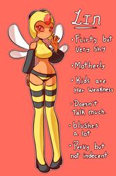  anthro anthrofied armor arthropod biped blush clothed clothing english_text eyelashes female footwear generation_4_pokemon gesture headgear helmet high_heels humanoid_hands hymenopteran insect_wings insects legwear lin_(nekuzx) looking_at_viewer mammal model_sheet nekuzx nintendo no_sclera orange_body panties pokemon pokemon_(species) red_background red_eyes shirt shoes simple_background slim solo standing stockings text thigh_highs topwear underwear vespiquen waving wide_hips wings 