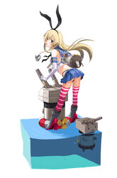  anchor black_panties blonde_hair boots brown_eyes commentary_request elbow_gloves elrowa female gloves grey_footwear hairband highres kantai_collection lifebuoy long_hair looking_at_viewer looking_back panties rensouhou-chan shimakaze_(kancolle) simple_background skirt striped_clothes striped_thighhighs swim_ring thighhighs thong underwear water white_background 