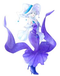  bad_id bad_pixiv_id blue_eyes detached_sleeves dress female florges florges_(white_flower) full_body hat high_heels kgbt_i long_hair open_mouth personification pokemon purple_dress purple_footwear shoes solo standing white_background white_hair 