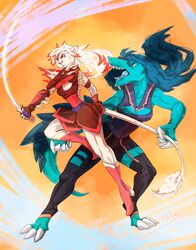  2017 anthro cki_leru clothed clothing duo felid female fish hair hi_res lei_(wrymmaster) lion looking_at_viewer mammal marine mav&#039;halia melee_weapon open_mouth pantherine shark sword teeth tongue weapon 