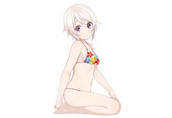  barefoot bikini blush gray_hair navel nnyu original purple_eyes short_hair swimsuit white 