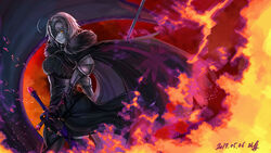  armor breasts cape commentary_request fate/grand_order fate_(series) female flag fur_trim gauntlets grin highres jeanne_d&#039;arc_alter_(avenger)_(fate) jeanne_d&#039;arc_alter_(avenger)_(first_ascension)_(fate) jeanne_d&#039;arc_alter_(fate) korean_commentary large_breasts looking_at_viewer mhg_(hellma) partial_commentary photoshop_(medium) sheath sheathed short_hair smile solo sword teeth weapon yellow_eyes 