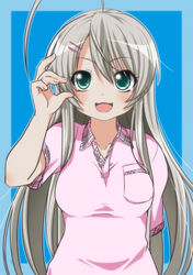  :d ahoge commentary_request explosion_psycho female green_eyes grey_hair hair_ornament hairclip haiyore!_nyaruko-san highres long_hair nyarlathotep_(nyaruko-san) open_mouth smile solo 