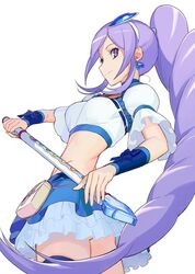  aono_miki bad_id bad_twitter_id berry_sword blue_skirt blue_wrist_cuffs bow breasts choker closed_mouth cowboy_shot crop_top cure_berry earrings eyelashes female fresh_precure! frilled_skirt frills hair_ornament hairband heart heart_earrings heart_hair_ornament jewelry long_hair magical_girl medium_breasts midriff ponytail precure puffy_sleeves purple_eyes purple_hair sidelocks simple_background skirt smile solo standing thighhighs washi_no_tosaka white_background wrist_cuffs zettai_ryouiki 