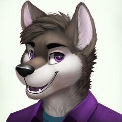  1:1 anthro canid canine canis clothed clothing digital_media_(artwork) fangs faust_(crazy-husky) jamesfoxbr looking_at_viewer male mammal open_mouth purple_eyes shaded simple_background smile solo teeth white_background wolf 