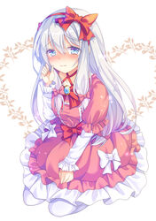  blue_eyes blush bow commentary_request cosplay dress eromanga_sensei female frills grey_hair hairbow izumi_sagiri lolita_fashion long_hair looking_at_viewer nagare_yoshimi nose_blush pink_bow pink_dress red_bow seiza sidelocks sitting solo tears thighhighs white_bow white_hair white_thighhighs yamada_elf yamada_elf_(cosplay) 