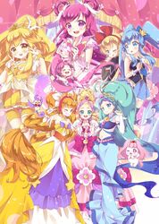  6+girls :d ;p amanogawa_kirara aroma_(go!_princess_precure) bare_shoulders bike_shorts bird blonde_hair blue_bow blue_dress blue_eyes blue_hair blue_skirt bow brooch brown_hair butterfly_brooch canine choker commentary_request crown crown_bow cure_dream cure_flora cure_flora_(mode_elegant) cure_mermaid cure_mermaid_(mode_elegant) cure_peace cure_peace_(princess_form) cure_princess cure_twinkle cure_twinkle_(mode_elegant) dokidoki!_precure double_v dress earrings finger_to_mouth flower flower_brooch frills gloves go!_princess_precure gold_crown green_eyes grin hair_flaps hair_rings hairband hairbow happinesscharge_precure! haruno_haruka highres in-franchise_crossover jewelry kaidou_minami kuune_rin long_hair low-tied_long_hair magical_girl midriff mini_crown multicolored_hair multiple_girls navel necktie one_eye_closed open_mouth outstretched_hand pink_bow pink_dress pink_eyes pink_hair pointed_crown precure puff_(go!_princess_precure) purple_eyes purple_hair quad_tails red_bow red_hair regina_(dokidoki!_precure) shining_dream shirayuki_hime shorts shorts_under_dress shorts_under_skirt sidelocks skirt smile smile_precure star_(symbol) star_earrings strapless strapless_dress streaked_hair thigh_gap tiara tongue tongue_out twintails two-tone_hair v waist_bow white_gloves wrist_cuffs yayoi_kise yellow_bow yellow_dress yellow_eyes yellow_shorts yellow_skirt yes!_precure_5 yes!_precure_5_gogo! yumehara_nozomi 