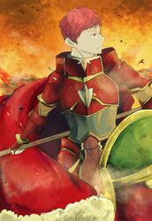  1boy armor artist_name cape commentary_request cowboy_shot fire_emblem fire_emblem_echoes:_shadows_of_valentia fire_emblem_gaiden fur_trim highres holding holding_weapon looking_away lukas_(fire_emblem) male_focus polearm profile red_eyes red_hair riding sasaki_(dkenpisss) shield signature solo spear weapon 