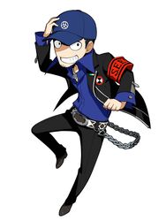  1boy baseball_cap belt blazer blue_skirt chains gekkoukan_high_school_uniform grin hat highres iori_junpei jacket jewelry male_focus necklace official_art oribe_hanako persona persona_3 persona_q2:_new_cinema_labyrinth persona_q_(series) school_uniform skirt smile solo source_request wallet_chain 