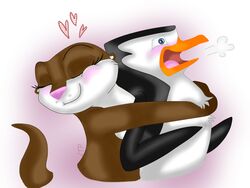  4:3 anthro avian bird black_body black_feathers blush brown_body brown_fur dreamworks duo feathers female fur hug lisathepengotter madagascar_(series) male male/female mammal marlene_(madagascar) mustelid nickelodeon otter penguin romantic romantic_couple skipper_(madagascar) the_penguins_of_madagascar 