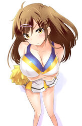  annoyed breasts brown_eyes brown_hair cheerleader chuunibyou_demo_koi_ga_shitai! cleavage commentary_request female frown hair_ornament hairclip ishizu_kayu light_frown long_hair nibutani_shinka pom_pom_(cheerleading) side_ponytail 