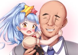  1boy :d bad_id bad_pixiv_id bald black_dress blue_hair blush brown_eyes brown_shirt closed_eyes collared_shirt commentary dress facing_viewer father_and_daughter female gou_takeo grey_vest grin hair_ornament high_ponytail highres hoshikawa_lily hug light_blue_hair long_hair looking_at_viewer mochiyuki necktie open_mouth ponytail puffy_short_sleeves puffy_sleeves purple_necktie scar scar_across_eye scar_on_face shirt short_sleeves sleeveless sleeveless_dress smile spoilers star_(symbol) star_hair_ornament vest white_shirt zombie_land_saga 