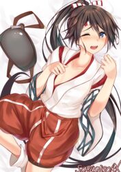  artist_name bed_sheet black_hair blue_eyes commentary_request cosplay female hachimaki headband high_ponytail highres houshou_(kancolle) japanese_clothes kantai_collection kimono long_hair long_sleeves muneate one_eye_closed open_mouth red_shorts sazamiso_rx serious shorts solo teeth very_long_hair white_background white_kimono white_legwear wide_sleeves zuihou_(kancolle) zuihou_(kancolle)_(cosplay) 