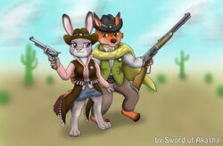  2016 anthro barefoot canid canine clothing cowboy cowboy_hat desert disney duo feet female fox fur grey_body grey_fur gun hand_behind_back handgun hat headgear headwear judy_hopps lagomorph leporid long_ears looking_at_viewer male mammal nick_wilde old_west orange_body orange_fur outside rabbit ranged_weapon red_fox revolver rifle sheriff smile sword-of-akasha true_fox weapon wild_west zootopia 