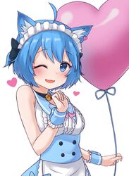  :3 ahoge animal_ear_fluff animal_ears animare apron armpit_crease bad_id bad_pixiv_id balloon bare_arms bare_shoulders bell black_bow black_choker blue_eyes blue_hair blue_sailor_collar blue_skirt blush bow breasts buttons choker commentary_request dog_ears earrings female frills hairbow hand_up heart heart_balloon heart_earrings highres holding holding_balloon jewelry jingle_bell looking_at_viewer maid maid_apron maid_headdress maka_neko medium_breasts nanashi_inc. one_eye_closed open_mouth sailor_collar shirt short_hair simple_background skirt sleeveless sleeveless_shirt smile solo souya_ichika souya_ichika_(2nd_costume) two_side_up underbust upper_body virtual_youtuber white_apron white_background white_shirt wrist_cuffs 