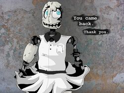  4:3 animatronic blue_eyes bottomwear clothing damaged dialogue english_text fazbear_fanverse female five_nights_at_candy&#039;s five_nights_at_candy&#039;s_2 ghost_(artist) machine not_furry open_mouth robot skirt smile solo talking_to_viewer text uniform waiter withered_blank_(fnac) 