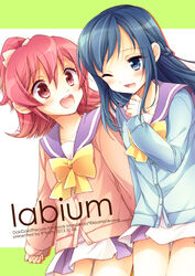  2girls :d aichi_shiho aida_mana bad_id bad_pixiv_id blue_eyes blue_hair blue_sailor_collar bow cardigan character_name copyright_name cover cover_page dokidoki!_precure doujin_cover flipped_hair half_updo hishikawa_rikka long_hair multiple_girls one_eye_closed oogai_daiichi_middle_school_uniform open_mouth photoshop_(medium) pink_eyes pink_hair precure ribbon sailor_collar school_uniform serafuku short_hair skirt smile 