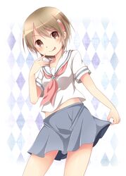  alternate_form argyle_background bad_id bad_pixiv_id brown_eyes brown_hair chikuwa_savy clothes_lift commentary female licking_lips looking_at_viewer neckerchief school_uniform serafuku shimogamo_yasaburou short_hair short_sleeves skirt skirt_lift smile solo tongue tongue_out uchouten_kazoku 