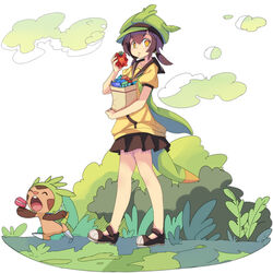  bad_id bad_pixiv_id belue_berry berry_(pokemon) black_skirt box brown_footwear brown_hair brown_skirt carrying_bag chespin closed_eyes creature_and_personification eating faux_figurine female food fruit full_body green_hat hat holding holding_food holding_fruit icywood kelpsy_berry looking_at_viewer miniskirt oran_berry personification photoshop_(medium) pleated_skirt poke_puff pokemon pokemon_(creature) round_teeth shoes skirt standing tail tamato_berry teeth wepear_berry yellow_eyes 