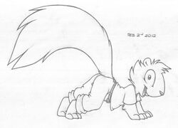  2012 all_fours anthro barefoot belt biped bottomwear buckteeth buttonverse clothing feet graphite_(artwork) greyscale hi_res looking_at_viewer male mammal mizzyam monochrome open_mouth pants pencil_(artwork) rickie_squirrel rodent sciurid simple_background smile solo teeth traditional_media_(artwork) tree_squirrel white_background young young_anthro young_male 