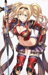  armor belt black_hairband black_panties blonde_hair blue_eyes blush braid breasts buckle cleavage commentary_request crown_braid female futami_(mg42fw190d) gauntlets granblue_fantasy grin groin hair_between_eyes hair_ornament hairband highres holding holding_weapon large_breasts leaning_forward long_hair looking_at_viewer navel open_clothes open_skirt panties pauldrons pleated_skirt purple_skirt shoulder_armor showgirl_skirt sidelocks skirt smile solo stomach thighhighs twintails twitter_username underwear weapon zeta_(granblue_fantasy) 