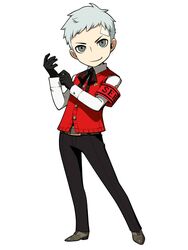  1boy adjusting_clothes adjusting_gloves black_gloves gekkoukan_high_school_uniform gloves grey_eyes grey_hair highres male_focus official_art oribe_hanako persona persona_3 persona_q2:_new_cinema_labyrinth persona_q_(series) sanada_akihiko school_uniform solo source_request vest 