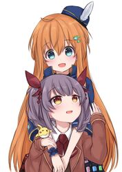  2girls :d ahoge ascot bad_id bad_pixiv_id blue_eyes blue_jacket blush book bow brown_eyes brown_jacket character_request collared_shirt commentary_request copyright_request grey_hair hair_between_eyes hair_ornament hairbow hand_up hat hat_feather highres hug hug_from_behind jacket long_hair long_sleeves looking_at_another looking_up maka_neko mini_hat multiple_girls open_clothes open_jacket open_mouth orange_hair red_ascot red_bow shirt sidelocks simple_background single_wrist_cuff sleeves_past_wrists smile tareme twintails v_arms very_long_hair vial white_background white_shirt wing_collar wrist_cuffs 