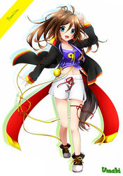  :d black_jacket blue_eyes blush brown_hair buena_vista_(racehorse) character_name commentary_request copyright_name female full_body fulunukko hand_up highres jacket long_hair medal navel open_mouth personification ponytail shoes shorts smile sneakers solo standing string string_of_fate umabi white_shorts 