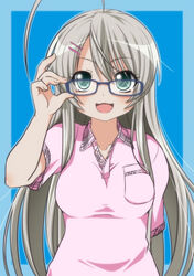  :d ahoge bespectacled blue-framed_eyewear blue_background commentary_request explosion_psycho female glasses green_eyes grey_hair hair_ornament hairclip haiyore!_nyaruko-san highres long_hair nyarlathotep_(nyaruko-san) open_mouth smile solo 