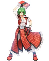  akira_(cookie) arm_up belt book breasts cleavage collarbone collared_shirt commentary_request cookie_(touhou) cosplay female full_body gloves green_hair guilty_gear highres holding holding_book kazami_yuuka large_breasts looking_at_viewer orange_eyes order-sol pantyhose parody plaid plaid_skirt shirt shoes short_hair short_sleeves skirt sleeveless smile sol_badguy sol_badguy_(cosplay) solo standing tarmo touhou translation_request transparent_background white_pantyhose white_shirt 