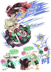  +_+ 2girls black_hair blue_shell_(mario) blush callie_(splatoon) car coin commentary dust e-liter_3k_(splatoon) english_commentary facing_away gloves gomipomi green_hair green_legwear gun holding holding_gun holding_weapon inkling long_hair looking_at_another looking_away marie_(splatoon) mario_(series) mario_kart mario_kart_64 mario_kart_8 motor_vehicle multicolored_hair multiple_girls one_eye_closed pantyhose photoshop_(medium) pink_hair red_shell_(mario) short_hair smile speech_bubble splatoon_(series) sweatdrop two-tone_hair vehicle_focus weapon white_gloves yellow_eyes 