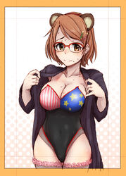  3e american_flag animal_ears blush border breasts brown_hair cleavage coat commentary_request covered_navel cowboy_shot embarrassed fake_animal_ears female fishnet_thighhighs fishnets flag_print floral_print glasses hair_ornament hairband hairclip halftone halftone_background idolmaster idolmaster_cinderella_girls kemonomimi_mode large_breasts leotard long_coat looking_at_viewer mole nontraditional_playboy_bunny nose_blush open_clothes open_coat orange_eyes photoshop_(medium) pinky_out playboy_bunny raccoon_ears red-framed_eyewear short_hair solo standing star_(symbol) star_hair_ornament star_print strapless strapless_leotard striped sweat swept_bangs thighhighs tsuchiya_ako undressing wide_hips 